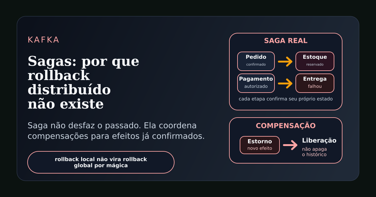 Ilustração técnica mostrando uma saga distribuída com etapas confirmadas, falha e compensação explícita.